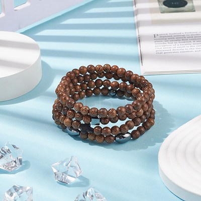 4Pcs 4 Style Natural Wood & Synthetic Turquoise(Dyed) & Hematite Stretch Bracelets Set with Cross Beaded BJEW-JB08423-1