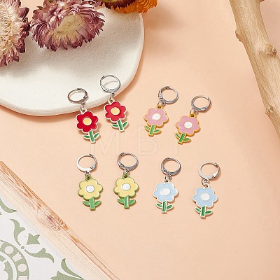 4 Pair 4 Color Alloy Enamel Flower Dangle Leverback Earrings EJEW-JE05236-1