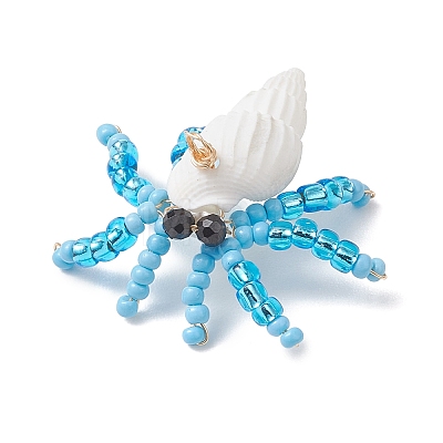 Faceted Round Natural Black Spinel & Natural Trumpet Shell & Glass Seed Beaded Crab Pendants PALLOY-MZ01177-03-1