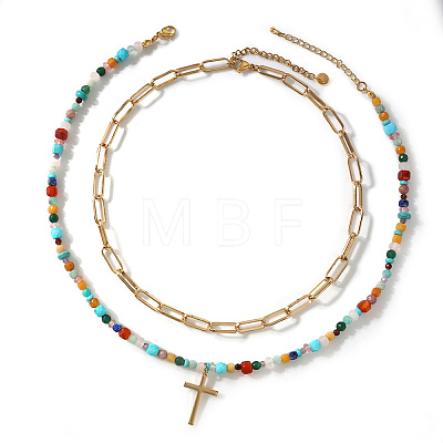 304 Stainless Steel Cross Pendant Paux Pearl & Glass & Mixed Stone Beaded Double Layer Necklaces for Women WU1738-2-1