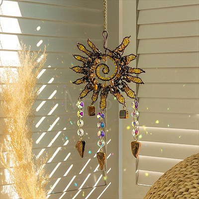 Copper Wire Wrapped Spiral Sun Natural Tiger Eye Beads Suncatchers HJEW-F027-07-1