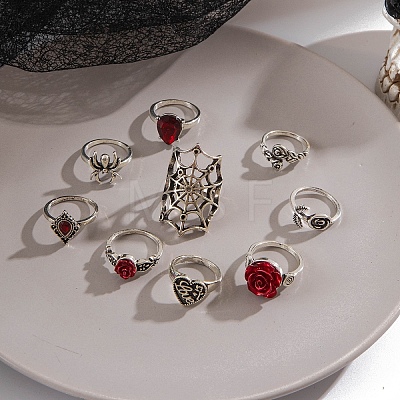 9Pcs 9 Styles Alloy Spider Web & Rose & Heart Finger Rings Sets for Women PW-WG0828C-01-1