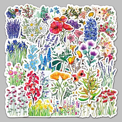 50Pcs Mixed Styles Flower Pattern Waterproof PVC Plastic Stickers X-STIC-PW0001-367-1