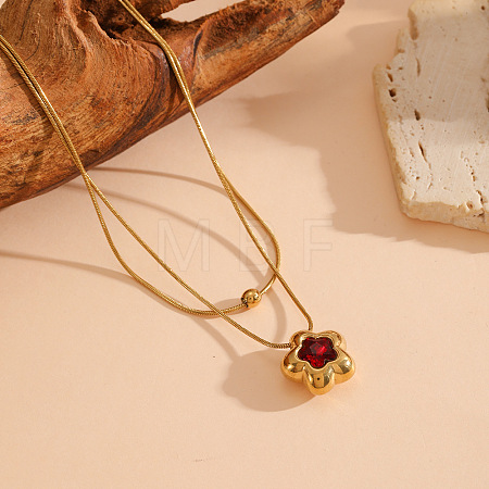 304 Stainless Steel Pave Red Cubic Zirconia Star Pendant Double Layer Necklaces for Women WGED4DB-06-1