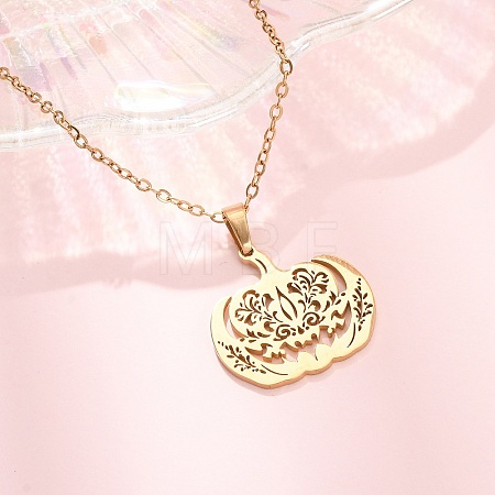 Halloween 304 Stainless Steel Hollow Floral Pumpkin Pendant Cable Chain Necklaces for Men Women NJEW-K308-09G-1