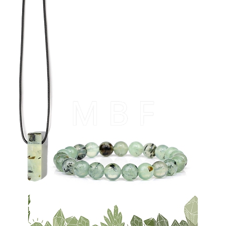 Natural Prehnite Beads Stretch Bracelets & Pendant Necklaces Sets for Men PW-WGF85DB-09-1