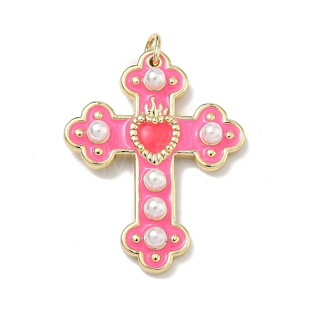 Brass Enamel with ABS Plastic Imitation Pearl Pendants KK-Z153-16G-04-1