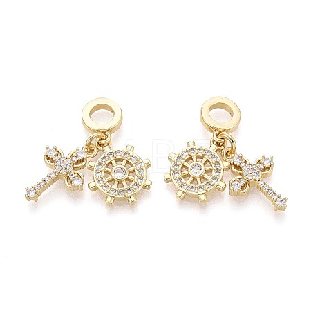 Brass Micro Pave Clear Cubic Zirconia European Dangle Charms KK-T080-45G-1