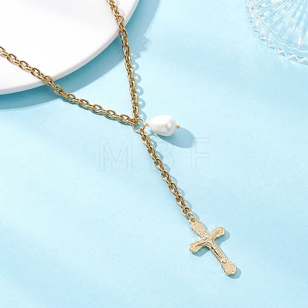 304 Stainless Steel Cable Chain Tassel Cross Pendant Necklaces NJEW-JN05653-1