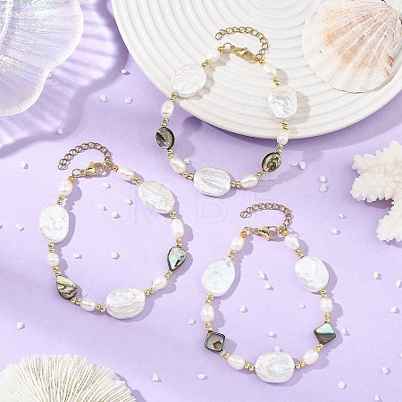 Natural Baroque Keshi Pearl Oval & Paua Shell & Freshwater Pearl Beaded Bracelets BJEW-JB14337-1