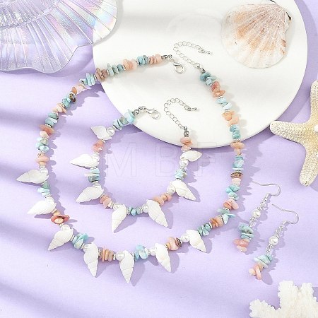 Natural Morganite & Larimar Chips Beads & Natural Spiral Shell Necklaces & Dangle Earring & Bracelets Sets SJEW-JS01387-1