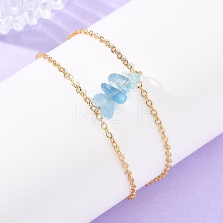 Brass Cable Chains & Natural Aquamarine Chip Beads Double Layers Bracelets for Women BJEW-JB14134-02-1