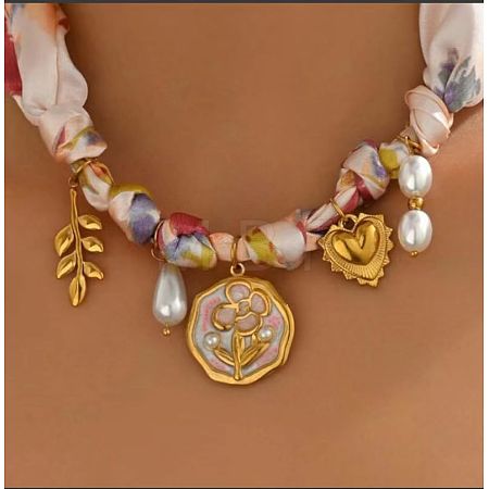 304 Stainless Steel Enamel Pendant Printed Cloth Scarf Necklaces for Women FS-WGDE682-09-1