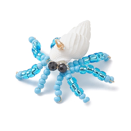 Faceted Round Natural Black Spinel & Natural Trumpet Shell & Glass Seed Beaded Crab Pendants PALLOY-MZ01177-03-1