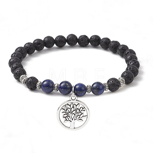 Natural Lava Rock & Natural Lapis Lazuli Gemstone Round Beaded Stretch Bracelet BJEW-JB09767-02-1