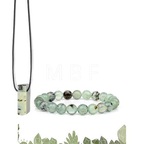 Natural Prehnite Beads Stretch Bracelets & Pendant Necklaces Sets for Men PW-WGF85DB-09-1