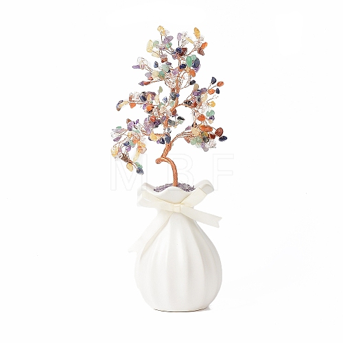 Natural Gemstone Chips with Brass Wrapped Wire Money Tree on Ceramic Vase Display Decorations DJEW-B007-01D-1