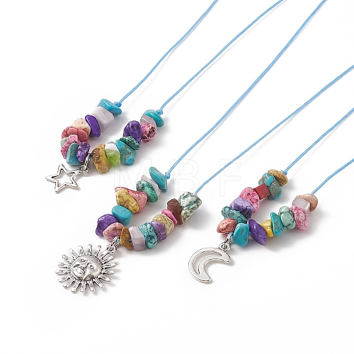 3Pcs 3 Style Sun & Moon & Star Synthetic Turquoise Chips Beaded Pendant Necklaces Set for Women NJEW-JN04221-1