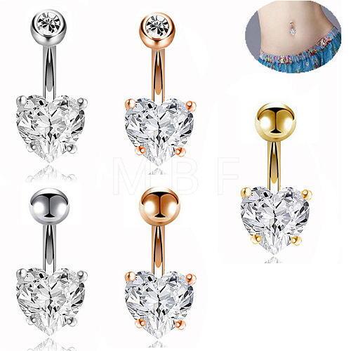 304 Stainless Steel Clear Cubic Zirconia Heart Curved Barbell Belly Rings WG52F32-06-1