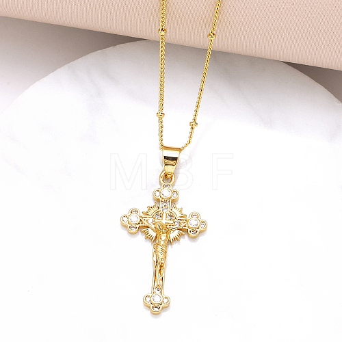 Crucifixion Cross Brass Micro Pave Cubic Zirconia Pendant Necklaces NJEW-S385-02G-1