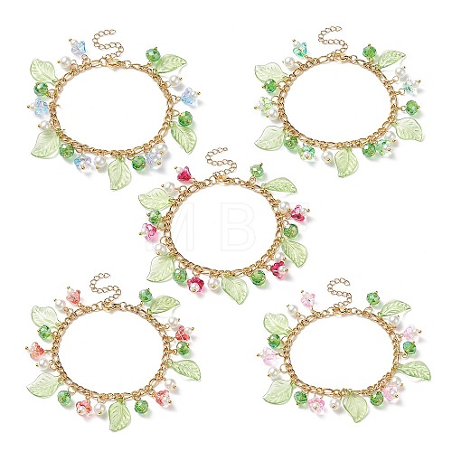 5Pcs 5 Color Glass Pearl & Trumpet Flower & Acrylic Leaf Charm Bracelets Set BJEW-JB08909-1