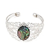 Oval Natural Paua Shell Brass Hollow Floral Cuff Bangles for Women BJEW-JB14503-02-4