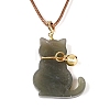 Natural Hetian Jade Cat Pendant Adjustable Cord Necklaces NJEW-N064-02-3
