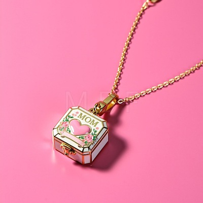 Mother's Day Brass Enamel Pink Heart Mom Openable Square Locket Pendant Necklaces for Women WGB75E5-01-1
