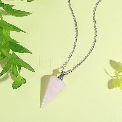 Natural Rose Quartz Faceted Cone Pendant Perfume Bottle Necklaces with 304 Stainless Steel Cable Chain NJEW-WH0002-266B-1