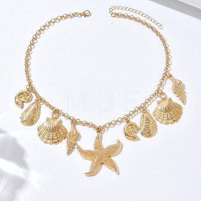 Bohemian Summer Beach Zinc Alloy Starfish Shell Shape Pendant Bib Necklaces for Women WGA7543-02-1