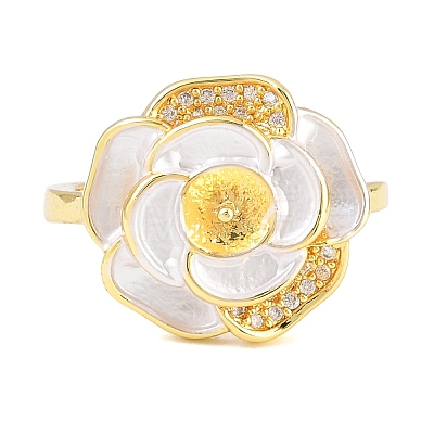 Flower Brass Micro Pave Cubic Zirconia & Enamel Cuff Ring Settings KK-CBAC351-06G-05-1