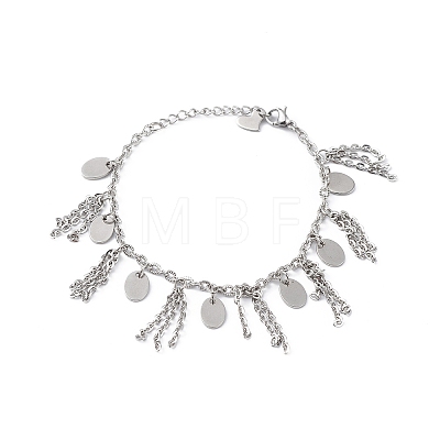 304 Stainless Steel Chain Tassel & Oval & Heart Charm Bracelet for Women BJEW-G669-13P-1