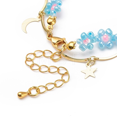 Brass Moon and Star Charms & Seed Flower Double Layer Multi-strand Bracelet for Women BJEW-JB08848-1