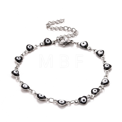 Enamel Heart with Evil Eye Link Chains Bracelet BJEW-P271-07P-03-1