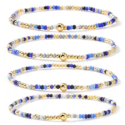 4Pcs Bohemian Glass Seed Bead & Brass Beads Stretch Bracelets for Women DR1565-4-1