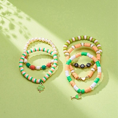 Saint Patrick's Day Freshwater Pearl & Handmade Polymer Clay Heishi Stretch Bracelets Sets BJEW-JB08768-1