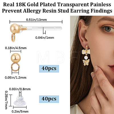 Beebeecraft 40Pcs Transparent Painless Prevent Allergy Resin Ball Stud Earring Findings KY-BBC0001-01-1