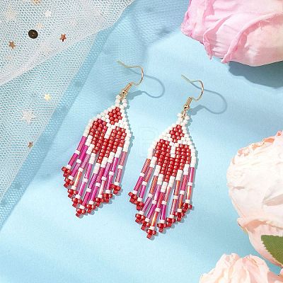 Heart Glass Seed Beaded Tassel Dangle Earrings for Women EJEW-MZ00201-01-1