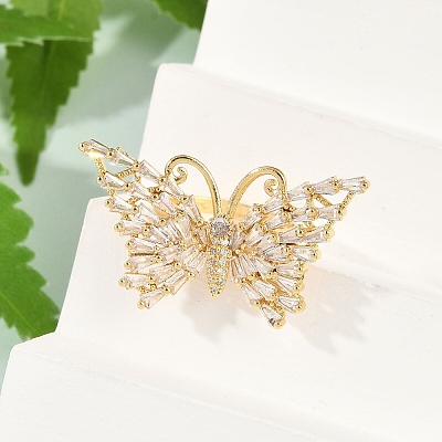 Butterfly Brass Micro Pave Colorful Cubic Zirconia Finger Rings for Women RJEW-G343-30G-02-1