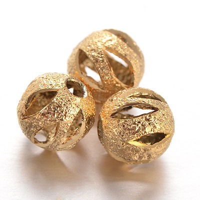 Hollow Round Brass Textured Beads X-KK-L129-28G-1