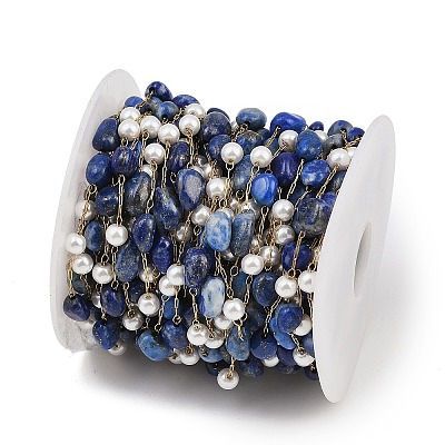 Natural Lapis Lazuli Nuggets & 316 Stainless Steel Handmade Link Chains CHS-K021-14G-15-1