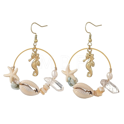 Alloy & Natural Shell & Natural Quartz Crystal & Natural Larimar & Synthetic Turquoise Dangle Earrings EJEW-JE07515-1
