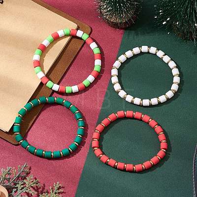 4Pcs Polymer Clay Column Beaded Stretch Bracelets Sets for Women BJEW-JB10998-1