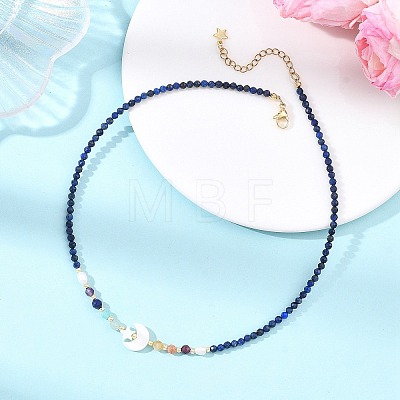 Natural Pearl & Star Moon White Shell & Faceted Round Natural Lapis Lazuli Beaded Necklaces for Women NJEW-JN06089-1