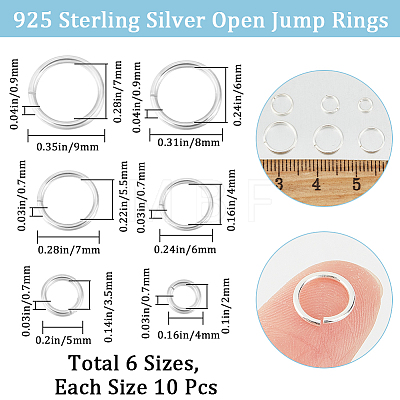 Beebeecraft 60Pcs 6 Styles 925 Sterling Silver Open Jump Rings STER-BBC0006-55-1