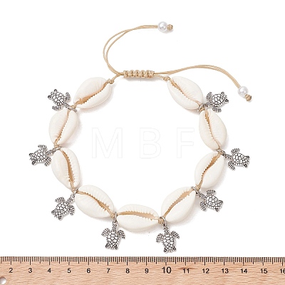 Adjustable Ocean Alloy Turtle Charms Natural Cowrie Shell Braided Bead Anklets for Womem AJEW-AN00784-1