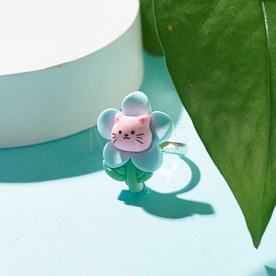 Flower with Cat Resin Adjustable Ring RJEW-JR00424-01-1