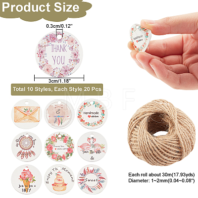 ARRICRAFT 200Pcs 10 Style Flat Round Paper Hnging Tags with 1Roll Jute Cord DIY-AR0002-31-1