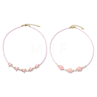 2Pcs 2 Styles Ocean Turtle Starfish Synthetic Turquoise & Natural Pearl & Glass Seed Beaded Necklaces NJEW-JN06130-01-1