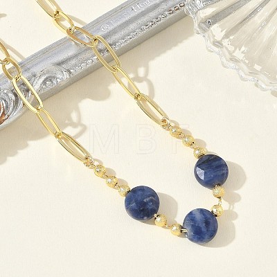 Natural Sodalite Faceted Flat Round Beaded Brass Paperclip Chain Bracelets GG-CBA37F5-02G-13-1